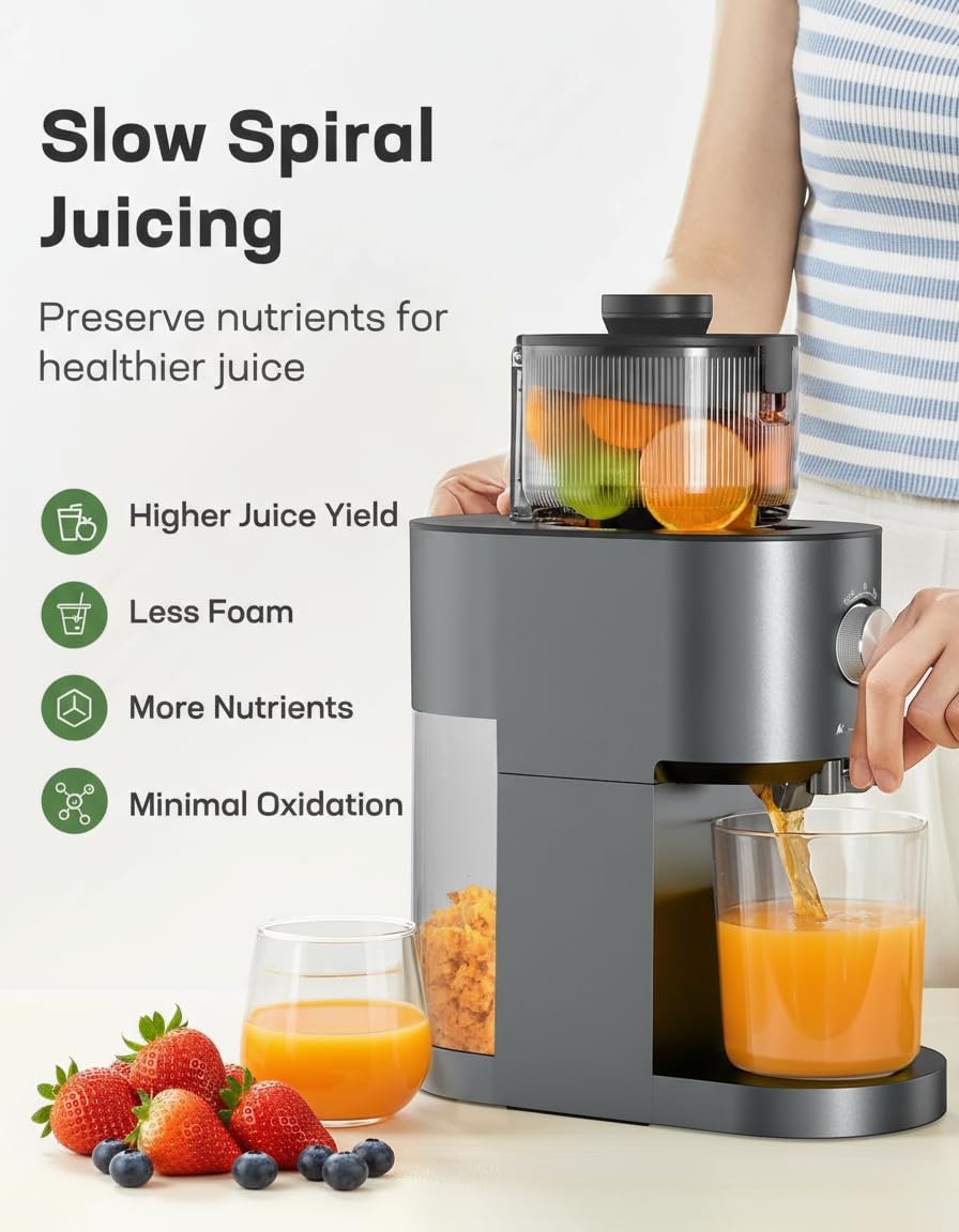 Silonn Slow Masticating Cold Press Juicer Machines, High Juice Yield, Self-Feeding with 5.4” Large Chute for Whole Fruits & Vegetables, Reverse Function