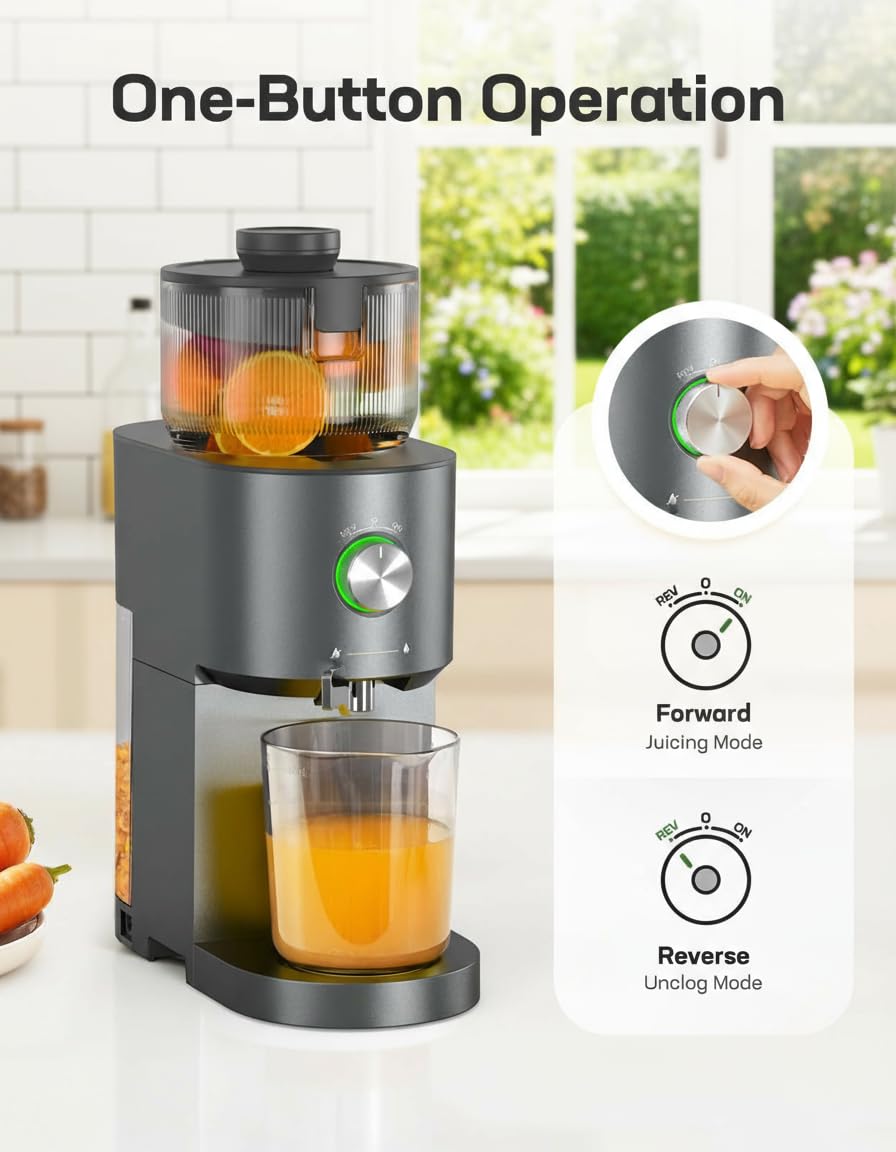 Silonn Slow Masticating Cold Press Juicer Machines, High Juice Yield, Self-Feeding with 5.4” Large Chute for Whole Fruits & Vegetables, Reverse Function