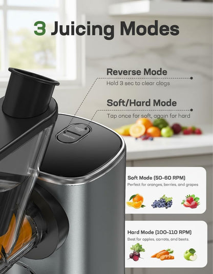 Silonn Slow Juicer, Cold Press Juicer Machines with Soft & Hard Modes, High Juice Yield Masticating juicer for Fruits & Vegetables with Reverse Function