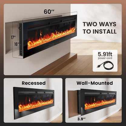 60-Inch Electric Fireplace Heater with App & Remote Control