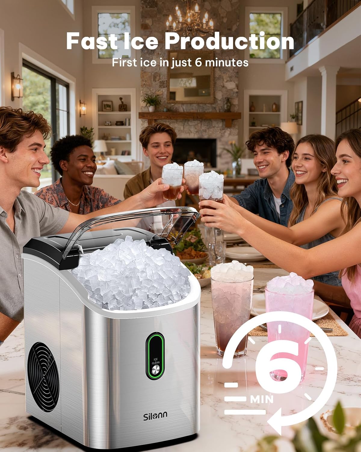 Silonn Nugget Ice Maker Countertop, Pellet Ice Machine with Self-Cleaning Function, Sonic Ice Maker Produces 33lbs of Chewable Ice in 24 Hours, Ideal for Home Kitchen and Office (Black)